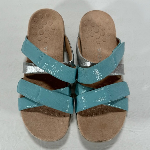 Vionic Hadlie Porcelain Blue Silver Patent Leather Slide Sandals Women's 8.5 - Picture 3 of 11